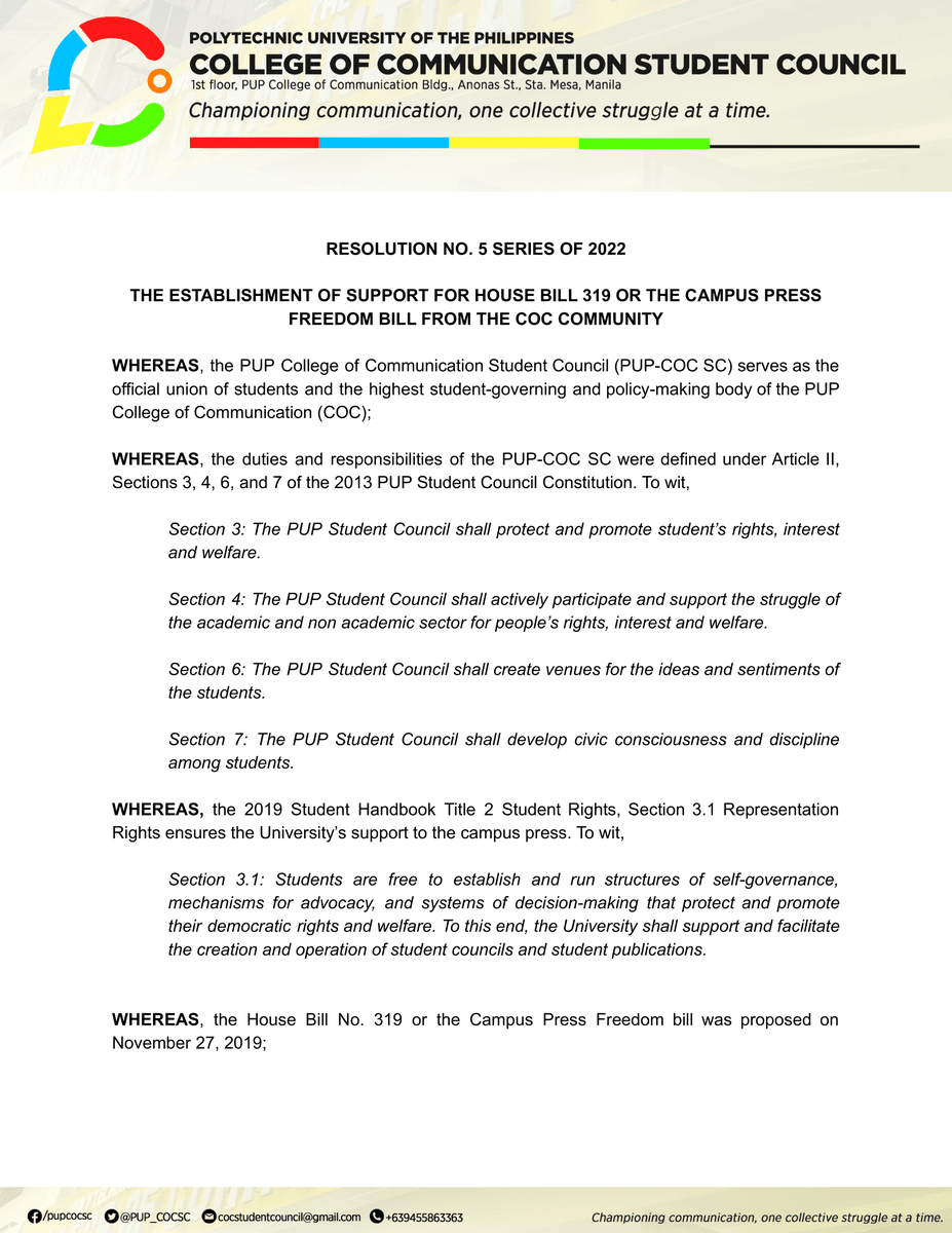 PUP_COCSC's tweet photo. RESOLUTION NO. 5 SERIES OF 2022

A RESOLUTION ESTABLISHING COC COMMUNITY'S SUPPORT FOR HOUSE BILL 319 OR THE CAMPUS PRESS FREEDOM BILL https://t.co/KbgaS9fYMe