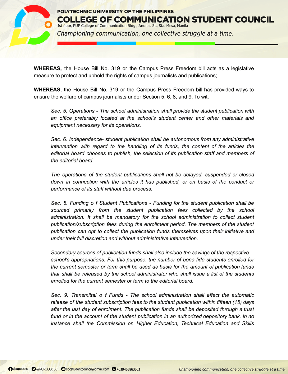 PUP_COCSC's tweet photo. RESOLUTION NO. 5 SERIES OF 2022

A RESOLUTION ESTABLISHING COC COMMUNITY'S SUPPORT FOR HOUSE BILL 319 OR THE CAMPUS PRESS FREEDOM BILL https://t.co/KbgaS9fYMe