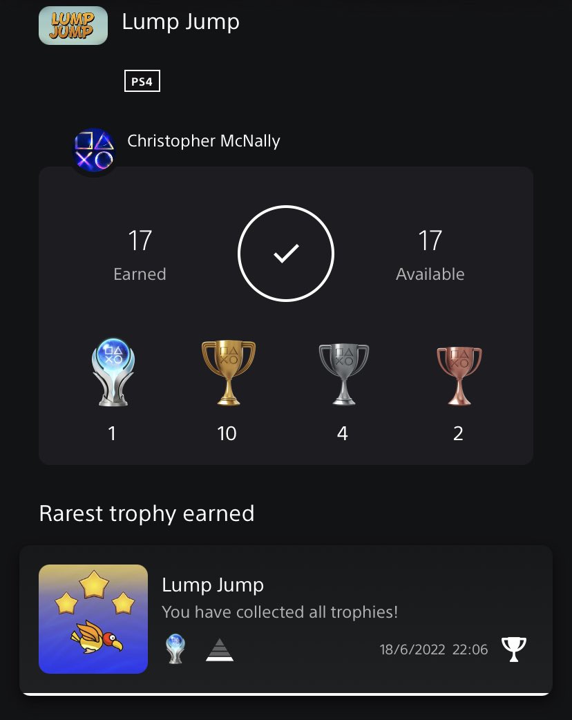 Superduperbigmc's tweet photo. Platinum #397 Lump Jump #Playstation #PlatinumTrophy #LumpJump #PSN #PS4 #PS4Share #TrophyHunter #playstationstore #PS5 #PS5Share #indiegame #indiedev #gaming #ZakymSRO @ZakymOfficial https://t.co/G7JVyyhJmJ
