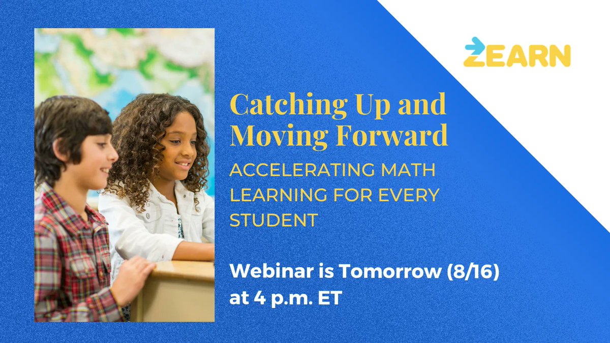 Tomorrow at 4 p.m. <a href="/zearned/">Zearn</a> will host a webinar that shares the results of a two-years study that shows how acceleration in math supports students. Register for tomorrow's webinar (or for one of the sessions being hosted on three other dates) here: bit.ly/3JMu3XB #edchat