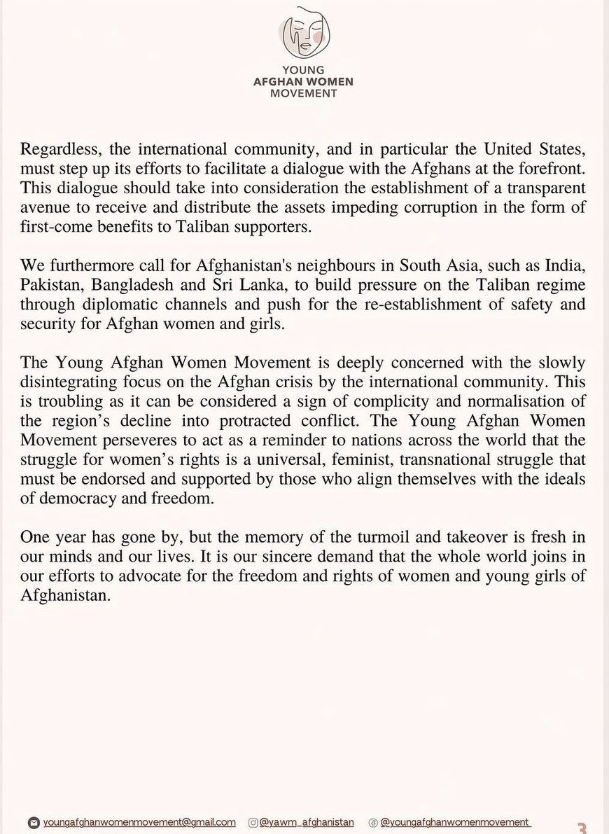 The Young Afghan Women Movement is deeply concerned with the slowly disintegrating focus on the Afghan crisis by the international community. This is troubling as it can be considered a sign of complicity and normalisation of the region’s decline into protracted conflict.