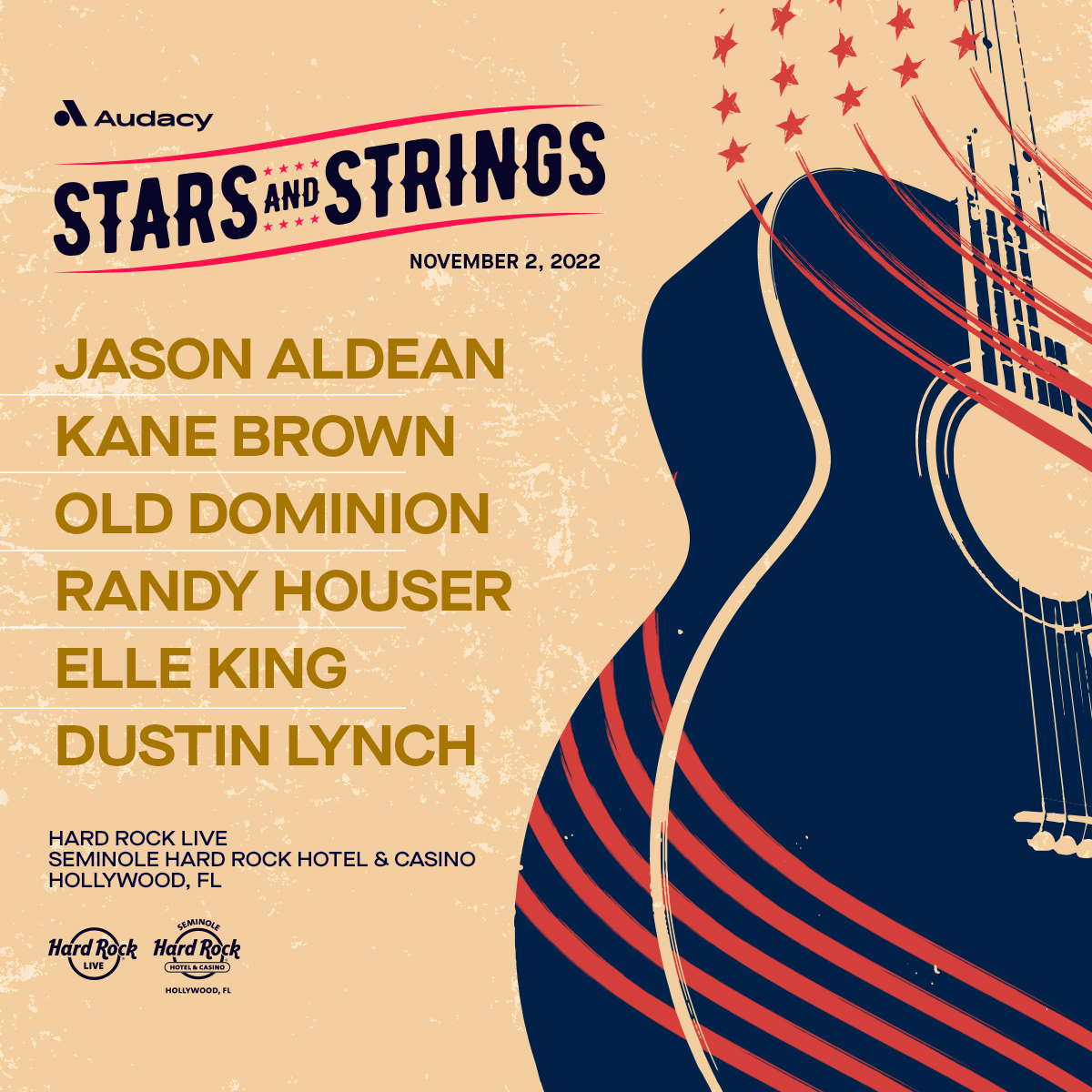 🤠 Your favorite Country show is back! 🤠

Get ready to see #StarsAndStrings with <a href="/Jason_Aldean/">Jason Aldean</a>, <a href="/kanebrown/">Kane Brown</a>, <a href="/OldDominion/">Old Dominion</a>, <a href="/RandyHouser/">Randy Houser</a>, <a href="/ElleKingMusic/">Elle King</a> + <a href="/dustinlynch/">Dustin Lynch</a> on Wed, 11/2 at <a href="/HardRockHolly/">Seminole Hard Rock Hollywood</a>! ✨

🎫 Tickets on sale THIS Fri, 8/19 at 10 AM ET: auda.cy/SS