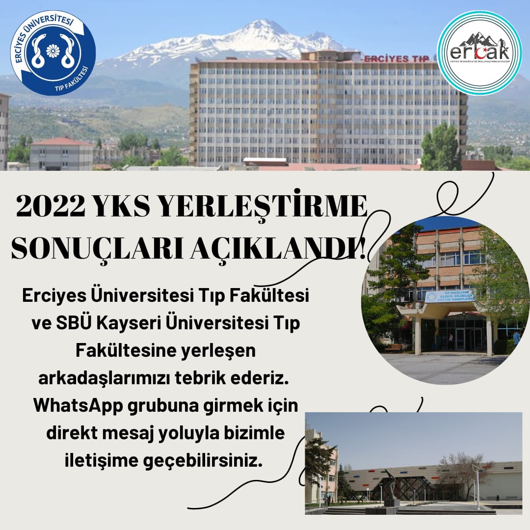 Erciyes Üniversitesi Tıp Fakültesi ve SBÜ Kayseri Üniversitesi Tıp Fakültesi kazanan arkadaşlarımızı kutlarız. Tüm duyurulara erişebilmek ve sorularınız için instagram üzerinden instagram.com/erciyestip2022… hesabımızla iletişime geçebilirsiniz.