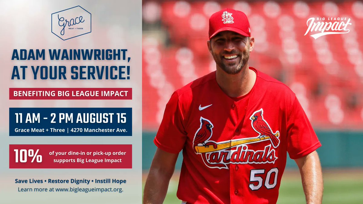 Join us from 11 a.m. to 2 p.m. TODAY! @UncleCharlie50 will be working the counter at @gracemeatthree, and 10% of your dine-in or pick-up order will go to #BigLeagueImpact. Menu & more at stlgrace.com. #STL #STLCards #Waino