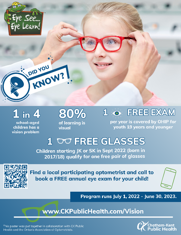 CKEandSS's tweet photo. Children starting JK or SK in September 2022 can qualify for one free pair of eye glasses!

See the attached flyer for more information, visit https://t.co/MlyLYIysK3 for more information or find a local participating optometrist and book a FREE annual eye exam for your child. https://t.co/OOaxlOfd98