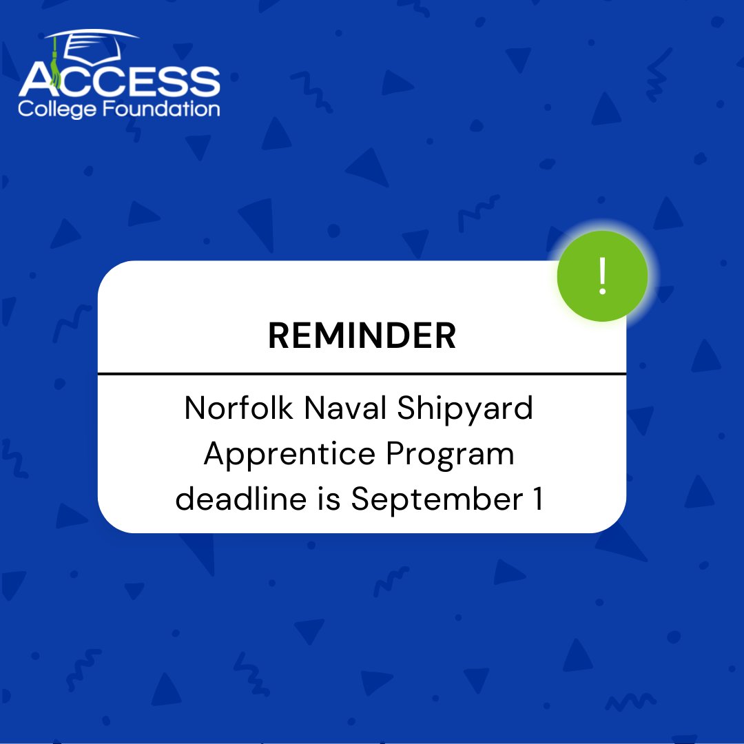 AccessCollegeFd's tweet photo. The Norfolk Naval Shipyard will be accepting applications for the Apprentice Program until Sept. 1, 2022. You can learn more information using this link: https://t.co/V7rWQ2Dzg2 https://t.co/iiZ7BRwuZB