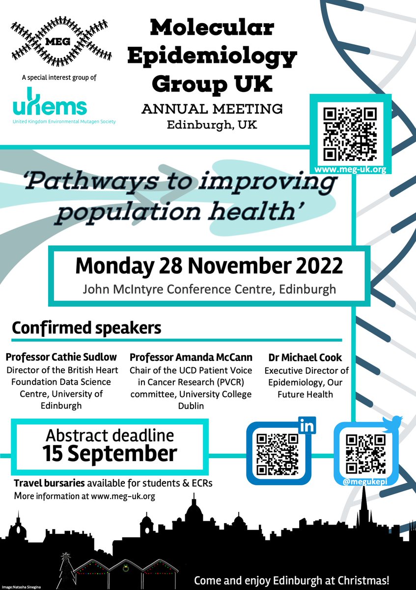 Join us in Edinburgh for our 2022 meeting ‘Pathways to improving population health’ on Monday 28 November. Oral/poster abstract submission deadline 15 September. Travel bursaries are available for ECRs. Details & registration: meg-uk.org/conference-2022