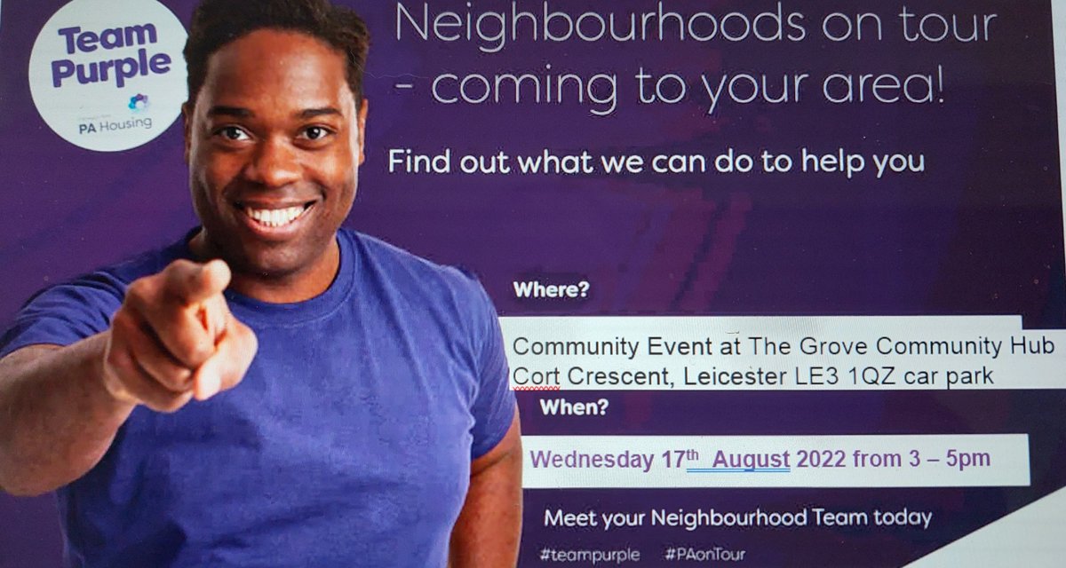 Super excited with two days left #PAonTour community event is finally here for the residents of Braunstone, please come and join us details below. 
#nood25 #TeamPurple <a href="/DeanaClarke14/">Deana Clarke</a> <a href="/BInspiredLeics/">B-Inspired</a> <a href="/thegrovehub/">Braunstone Grove</a> #community
