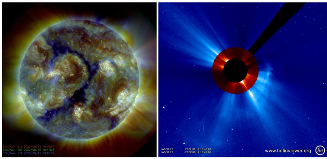 drkstrong's tweet photo. TRIPPLE TROUBLE? Is the Earth about to get hit with a high-speed solar wind stream plus two coronal mass ejections at the same time? We have the coronal hole (left) stretching from pole to pole so it can hardly miss us &amp; the 2 big eruptions in the W. hemisphere of the Sun (right) https://t.co/MCgfM2RyZX