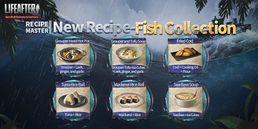 LifeAfter_en's tweet photo. #LifeAfter #RecipeMaster
#SeaOfZombie
With so many new marine resources, there's no shortage of new dishes! Radio 101 have compiled a list of fish-related dishes for you to check out!
Radio 101's favourite dish is the fried cod, what about yours? Share with us in the comments❣️ https://t.co/ihcgYPUVfR
