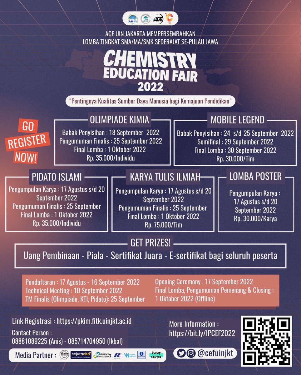 [Chemistry Education Fair (CEF) 2022]
Chemistry Education Fair (CEF) kembali hadir di tahun 2022, Yuk segera daftarkan dan persiapkan diri kalian untuk mengikuti CEF 2022!!! Jika ada yang ingin ditanyakan dapat menghubungi :
📞 +62 85714704950 (Ikbal)
📞 +62 8881089225 (Anisa)