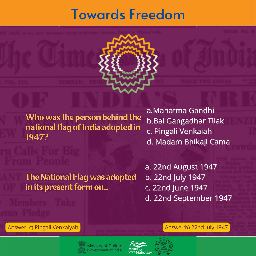 _IndianCulture's tweet photo. #FreedomQuiz! (3/3)
Know the answers to these questions about the #Indian Freedom Struggle? @AmritMahotsav @MinOfCultureGoI @gsdsnewdelhi @ASIGoI @ezcckolkata @nezccdimapur @MDoNER_India @nzccpatiala @WestZoneCulture 
#AmritMahotsav #IndiaAt75 #MainBharatHoon #IndependenceDay https://t.co/SUQgmw91Qr
