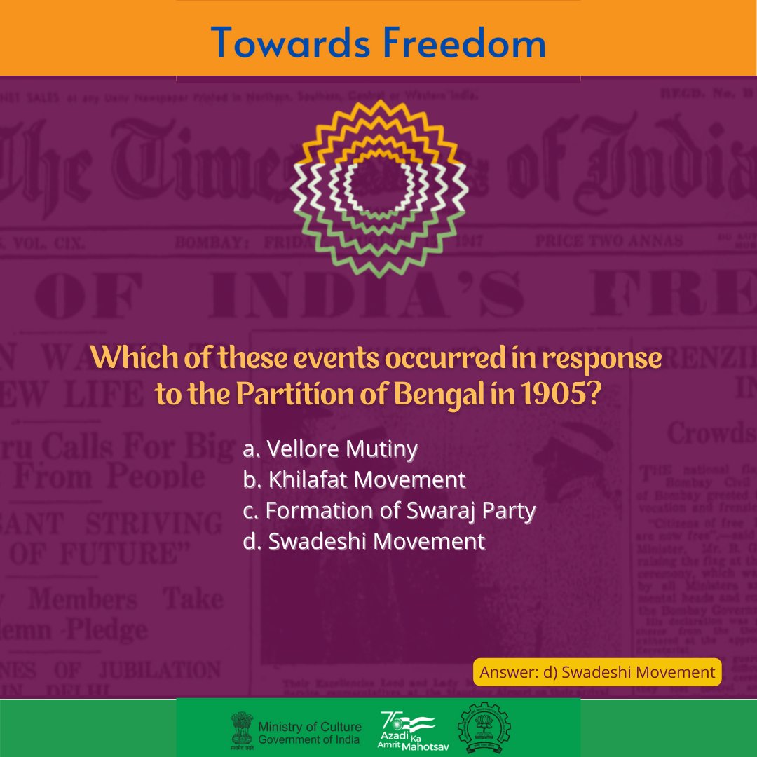 _IndianCulture's tweet photo. #FreedomQuiz! (1/3)
Do you know the answers to these questions about the Indian Freedom Struggle? @AmritMahotsav @MinOfCultureGoI @gsdsnewdelhi @ASIGoI 
#AmritMahotsav #IndiaAt75 #MainBharatHoon #IndependenceDay https://t.co/2u43wSnufg
