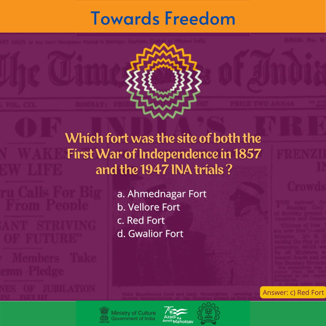 _IndianCulture's tweet photo. #FreedomQuiz! (1/3)
Do you know the answers to these questions about the Indian Freedom Struggle? @AmritMahotsav @MinOfCultureGoI @gsdsnewdelhi @ASIGoI 
#AmritMahotsav #IndiaAt75 #MainBharatHoon #IndependenceDay https://t.co/2u43wSnufg