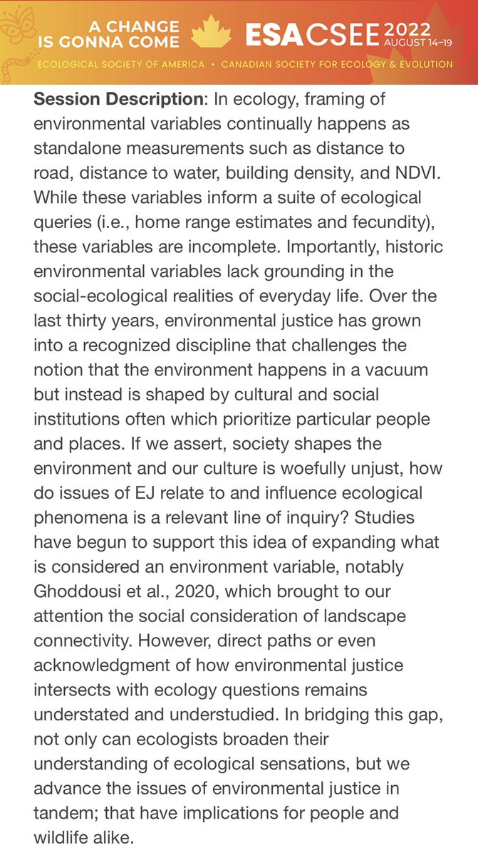 <a href="/NcredblyDopeSci/">Gabriel Gadsden</a> and I are leading a session this morning at 10:30am on environmental covariants and environmental justice. The session will be prettyyyy dope (my unbiased opinion😬) 5/ #ESA2022