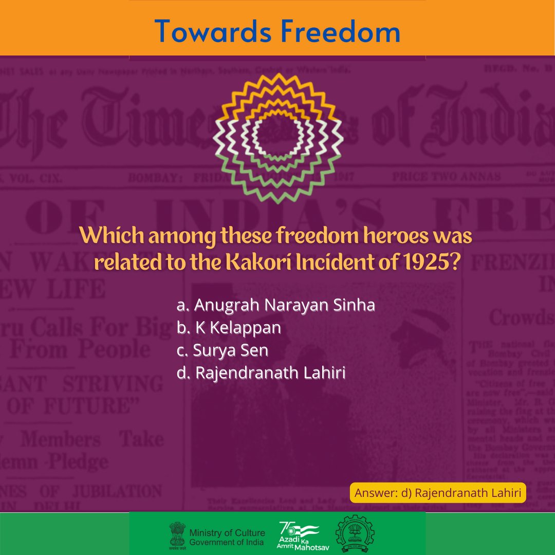 _IndianCulture's tweet photo. #FreedomQuiz! (2/3)
Know the answers to these questions about the #Indian Freedom Struggle? @AmritMahotsav @MinOfCultureGoI @gsdsnewdelhi @ASIGoI @ezcckolkata @nezccdimapur @MDoNER_India @nzccpatiala @WestZoneCulture 
#AmritMahotsav #IndiaAt75 #MainBharatHoon #IndependenceDay https://t.co/iDF3z1F9bt
