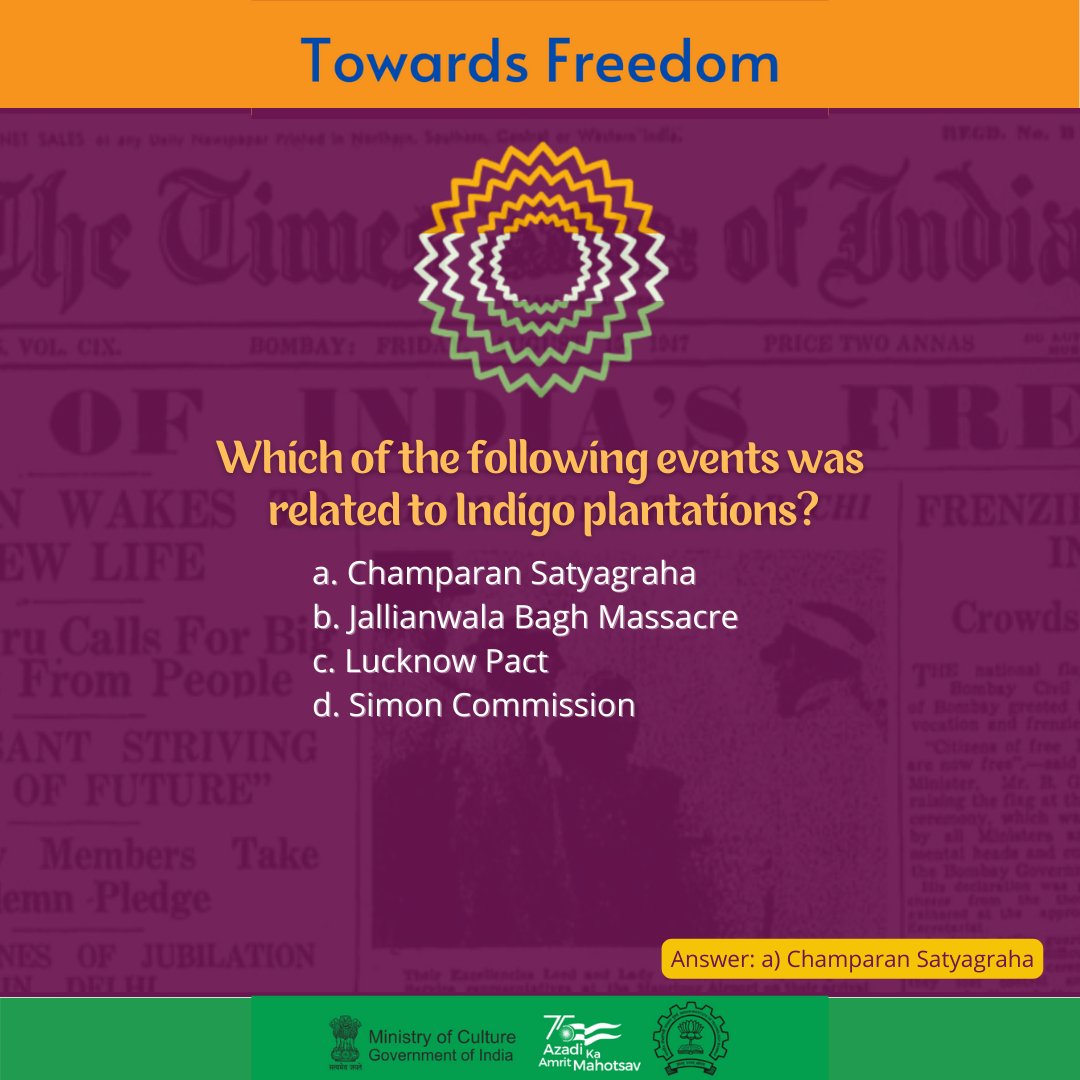 _IndianCulture's tweet photo. #FreedomQuiz! (2/3)
Know the answers to these questions about the #Indian Freedom Struggle? @AmritMahotsav @MinOfCultureGoI @gsdsnewdelhi @ASIGoI @ezcckolkata @nezccdimapur @MDoNER_India @nzccpatiala @WestZoneCulture 
#AmritMahotsav #IndiaAt75 #MainBharatHoon #IndependenceDay https://t.co/iDF3z1F9bt
