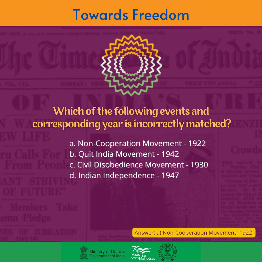 _IndianCulture's tweet photo. #FreedomQuiz! (2/3)
Know the answers to these questions about the #Indian Freedom Struggle? @AmritMahotsav @MinOfCultureGoI @gsdsnewdelhi @ASIGoI @ezcckolkata @nezccdimapur @MDoNER_India @nzccpatiala @WestZoneCulture 
#AmritMahotsav #IndiaAt75 #MainBharatHoon #IndependenceDay https://t.co/iDF3z1F9bt