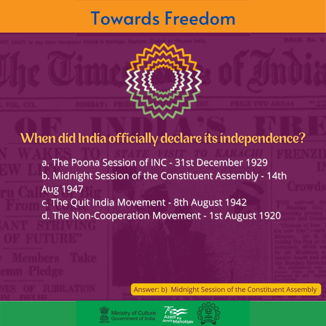_IndianCulture's tweet photo. #FreedomQuiz! (2/3)
Know the answers to these questions about the #Indian Freedom Struggle? @AmritMahotsav @MinOfCultureGoI @gsdsnewdelhi @ASIGoI @ezcckolkata @nezccdimapur @MDoNER_India @nzccpatiala @WestZoneCulture 
#AmritMahotsav #IndiaAt75 #MainBharatHoon #IndependenceDay https://t.co/iDF3z1F9bt