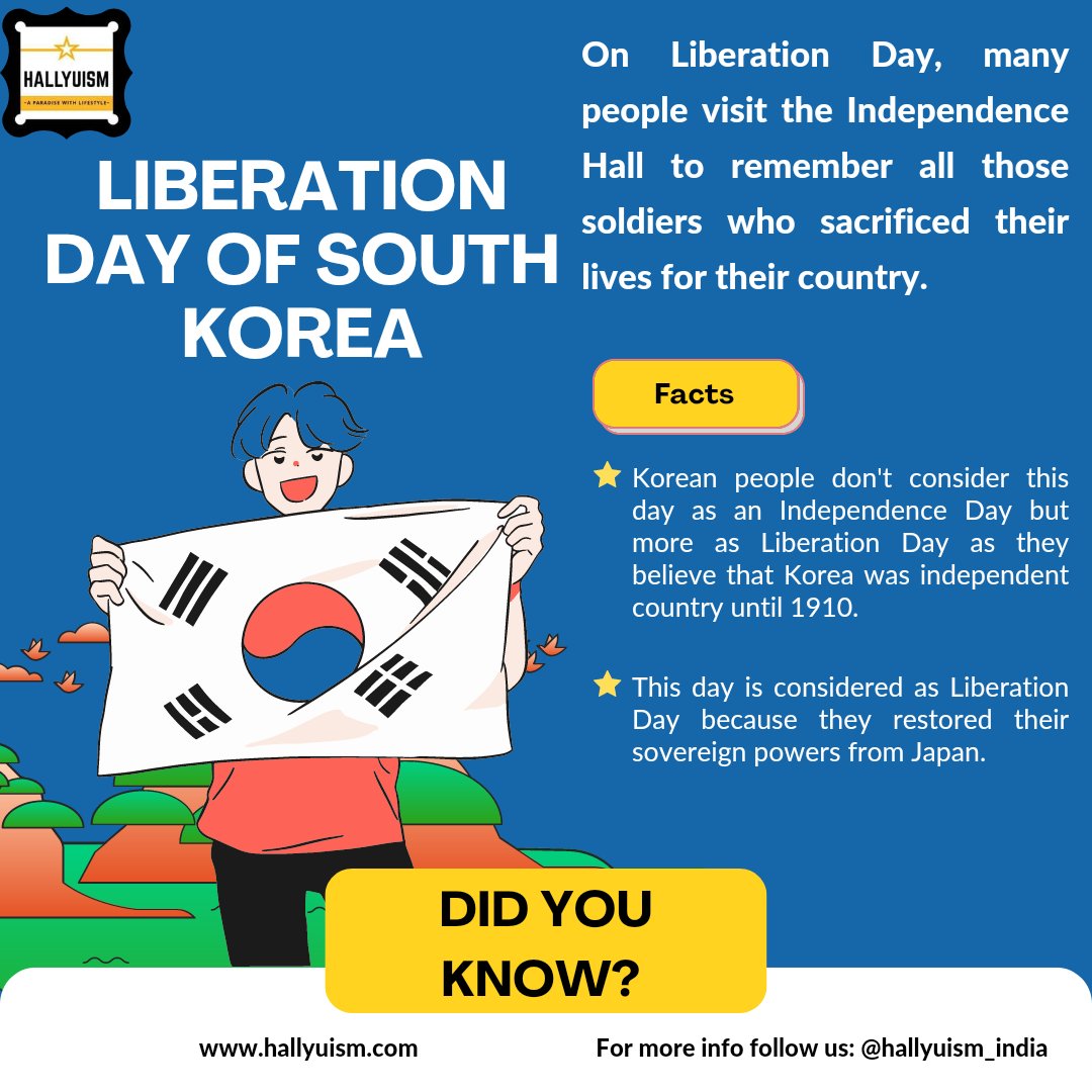 Hallyuism_India's tweet photo. Let's Celebrate the 77th Liberation Day of Korea🇰🇷 with Hallyuism. We wish everyone Happy Independence Day as well as Happy Liberation Day. Let's pay tribute to all the freedom fighters and soldiers who lost their life during the War.

Curated by: Anisha Nath https://t.co/8FHgNK5iiB