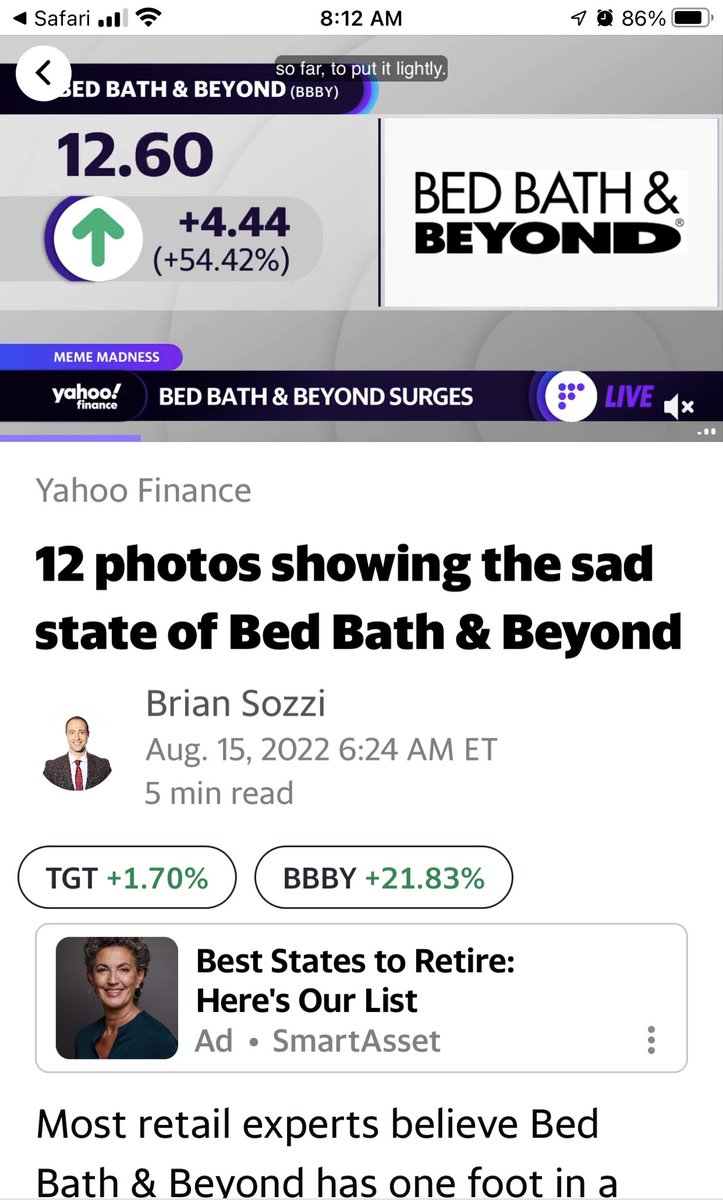 SqueezeShorty's tweet photo. Something big is happening at $BBBY when Yahoo Finance rolls out hard core #BBBY #ShortAndDistort #FUD. Now Iβm def #FOMO buying more #BBBYSTOCK #BBBYnotleaving https://t.co/Ah3paGh5vF