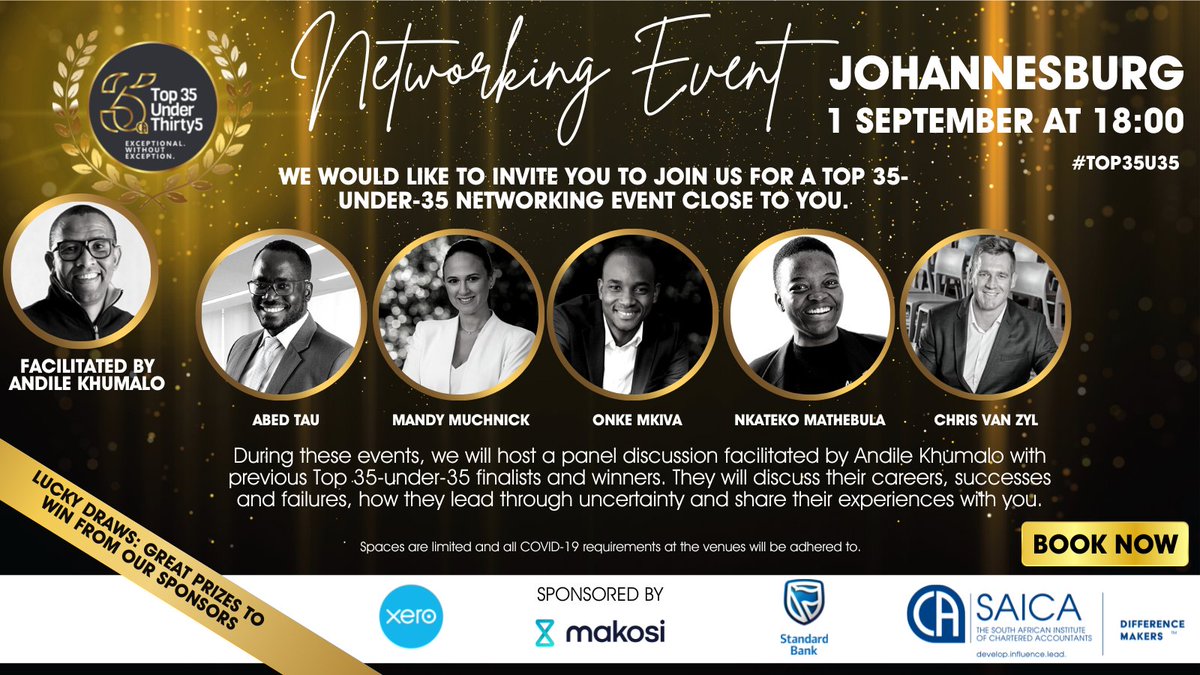⭐️We would like to invite you to join us for a Top 35-under-35 networking event in Johannesburg. Be inspired by fellow CAs who are defining the future🚀

Reserve your seat here: bit.ly/top352022netwo… #top35u35 
<a href="/Xero/">Xero</a> 
<a href="/makosiaudit/">Makosi</a> 
<a href="/StandardBankZA/">Standard Bank ZA</a> <a href="/Andile_Khumalo/">Andile</a>