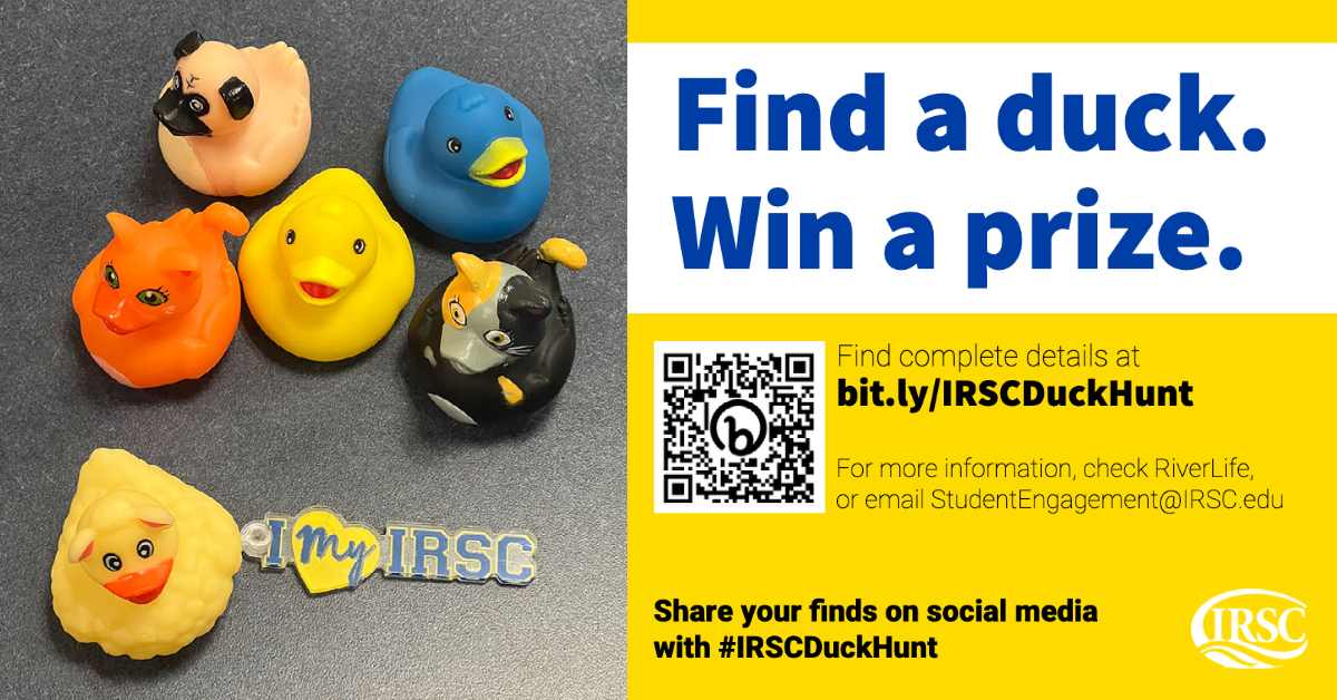 IRSCTheRiver's tweet photo. Pioneers: As you begin to head onto our campuses this week, keep an eye out for one of the IRSC toy ducks! If you find one, you can redeem it for a prize! Find the full details at https://t.co/UqEkYop6bl.

#IRSCDuckHunt #IRSCRiverLife https://t.co/vUzEB5QHFm