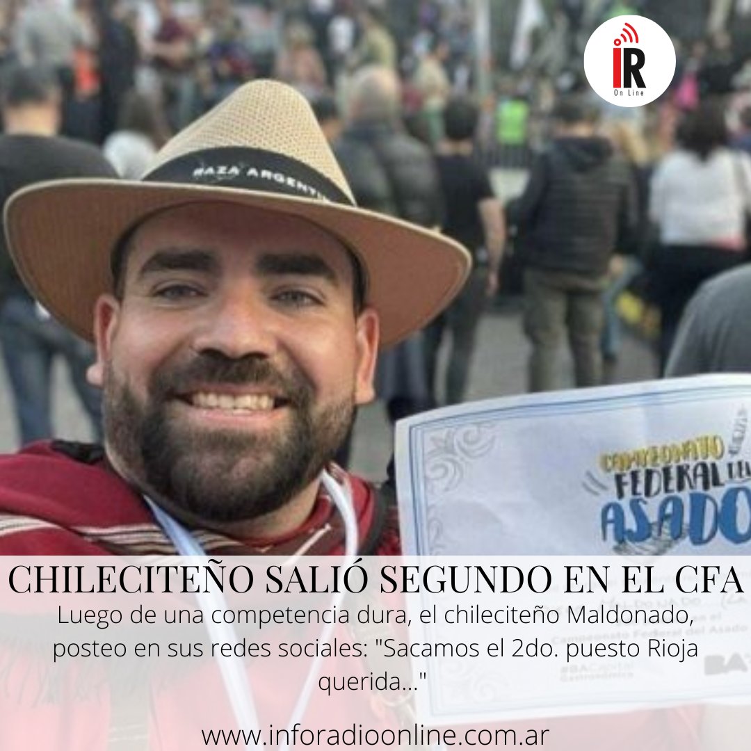 inforadioon's tweet photo. 🥓 La Rioja salió segunda en el Campeonato Federal del Asado 

🍽 Se trata del chef chileciteño Diego Maldonado, quien hoy compitió en el Campeonato Federal del Asado, que se realizó en Buenos Aires. 

#asadoargentino #chilecito #concurso #2dolugar https://t.co/y3YJ98ZcNT