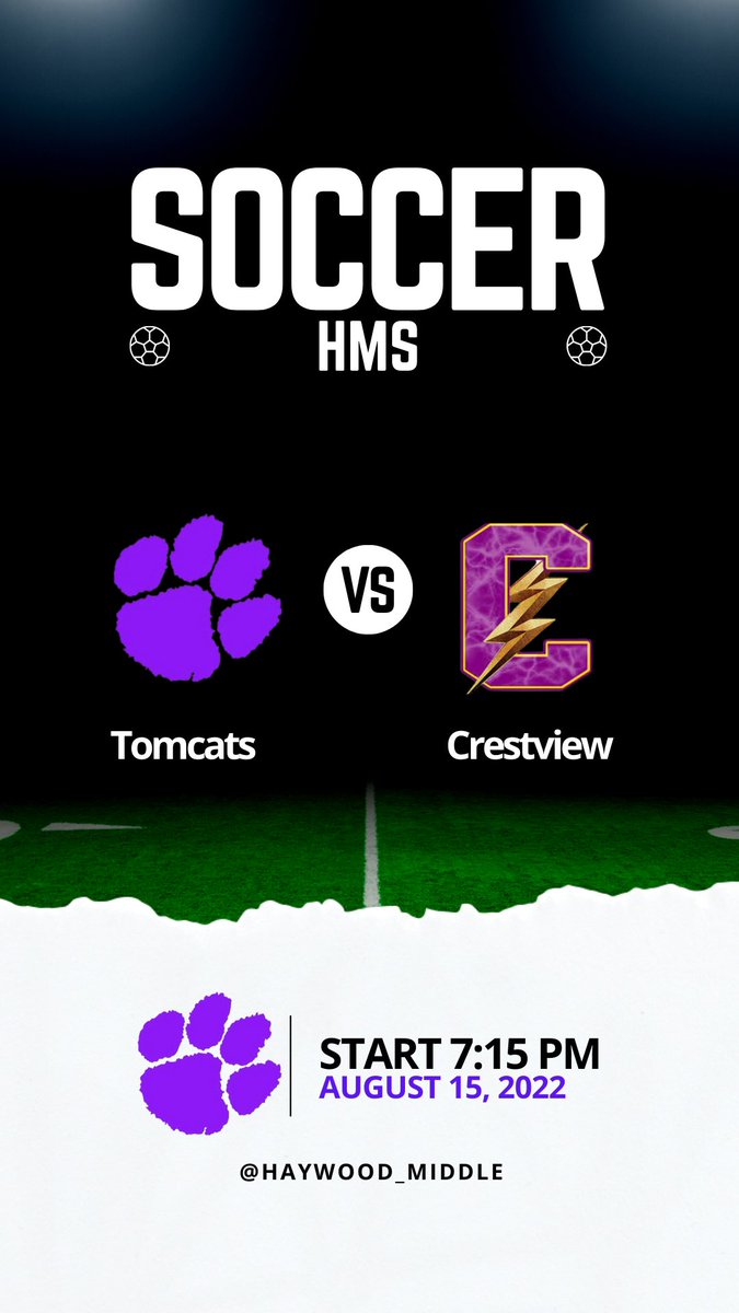HMS Lady Tomcat Soccer ⚽️:

🆚: Crestview 

📍: Brownsville, TN

⏰: 7:00

🎟: $5 <a href="/HMSTomcats/">Haywood Middle School</a> <a href="/haywoodtomcats/">tomcats_athletics</a>
