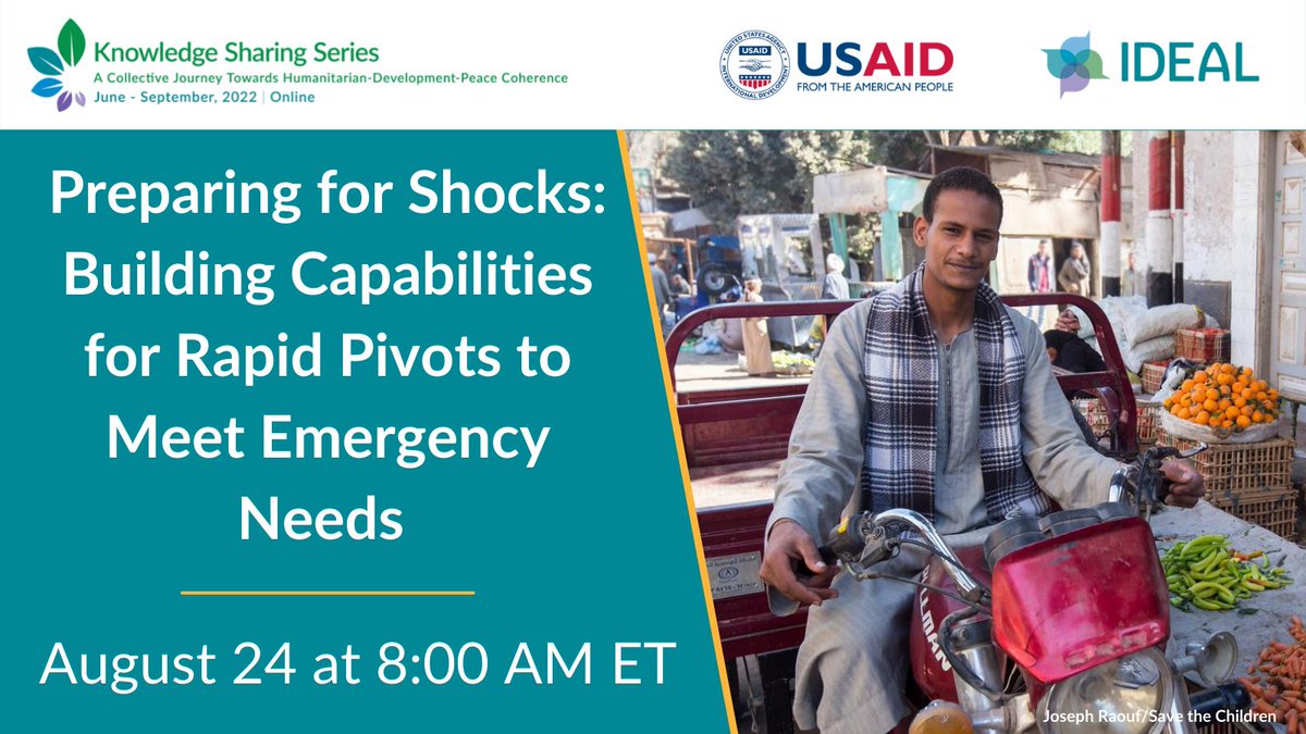 FSNnetwork's tweet photo. 📅 Aug 24 @ 8 AM ET

Join IDEAL's #KSSonHDP for a discussion exploring building capabilities for rapid pivots to meet emergency needs. Learn more about the series &amp; register below to attend! 

https://t.co/YfjAF9WXUN #HDPNexus #TripleNexus #InternationalDevelopment #FoodSecurity https://t.co/qFILnFEW8x