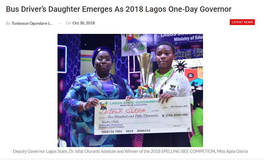 dmightyangel's tweet photo. In 2018,the headline changed to "Bus Driver’s Daughter Emerges As 2018 Lagos One-Day Governor"
Yes, A 14-year-old daughter of a commercial bus driver in Lagos, Miss Gloria Ajala, of Lafiaji Senior High School became #OneDayGovernor.
That 2001 event keeps giving hope to ALL. https://t.co/pcM9IwJ3c7