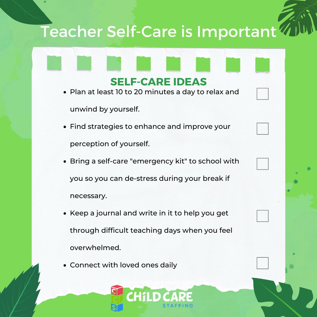 CCStaffingInc's tweet photo. To give your best, you must feel your best! Take care of you!
#teacherselfcare #tips #educators #preschool #daycare #dailyroutines #sharewithus #selfcare #beyourbest https://t.co/8FIBTWi1ow