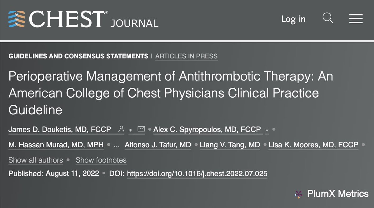 A TON of great stuff in the latest CHEST guideline. Highlights include recommending AGAINST bridging for VKA in mechanical heart valves, AGAINST bridging if indication is solely afib or VTE, and against routine bridging of stents. Less is more? journal.chestnet.org/article/S0012-…