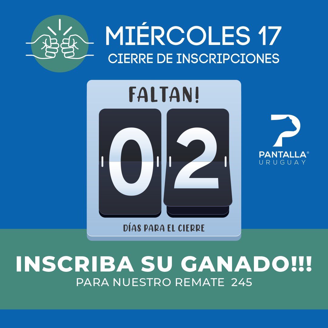 PantallaUruguay's tweet photo. ¡Faltan 2 días! Tiene hasta el Miércoles 17 de Agosto para inscribir  su ganado en este #Remate245. ¡Ya estamos CERTIFICANDO! 

Anota, vende y cobra contado. Pantalla Uruguay, ¡TODO GANADO! 

Financia @ItauUruguay, sanidad @BoehringerSA y ganado asegurado por @bseuruguay. https://t.co/qHwvxccbUb
