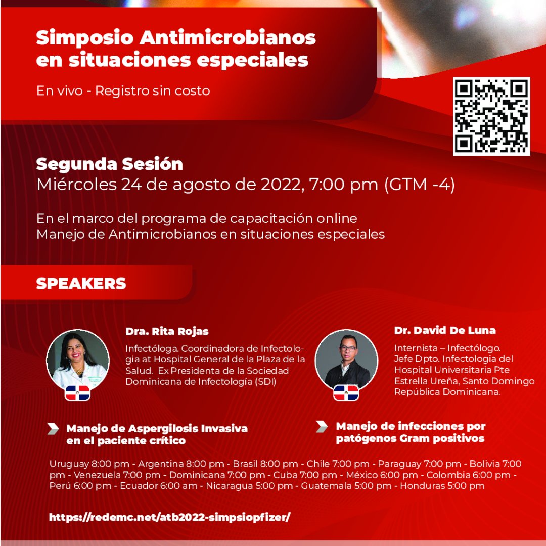 sdinfectologia's tweet photo. La Sociedad Dominicana de Infectología Invita al Simposio de acceso libre y gratuito sobre Antimicrobianos en situaciones especiales.
📆: 17 y 24 de Agosto del 2022
🕙: 7:00 PM (GMT-4)
👉 Regístrate aquí https://t.co/bZEjq5Fkb4
#sdird
#Pfizer
#API
#evimed https://t.co/DuYaDNjRdl
