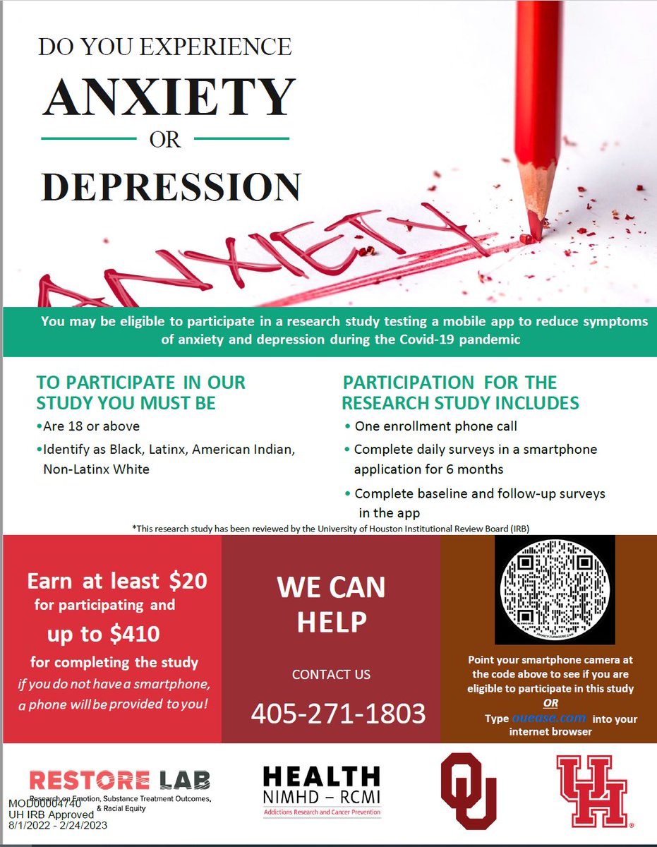 Stop_Smokin_now's tweet photo. Pls help! We are testing the NIMH-funded EASE app for anxiety/depression with 4 racial/ethnic groups. We need to enroll >100 more Latino/a, Black, and American Indian adults. Pls share this flyer with community partners and RT. @SBMDigitalHlth @NIMHgov @NIMHD @ABCTNOW @srntorg https://t.co/dKyEATg5zx