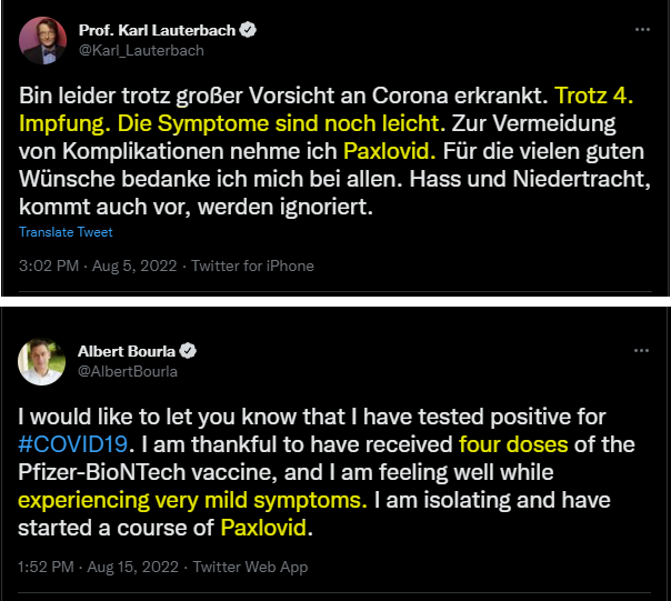 propaganda_nerd's tweet photo. Lauterbach und der CEO von Pfizer mit den gleichen Tweets. Beide 4x geimpft. Beide leichte Symptome, beide schlucken Paxlovid.
#Covid #Pfizer #Paxlovid #vaccine #Werbung #Impffluencer https://t.co/YijaIIbq0s