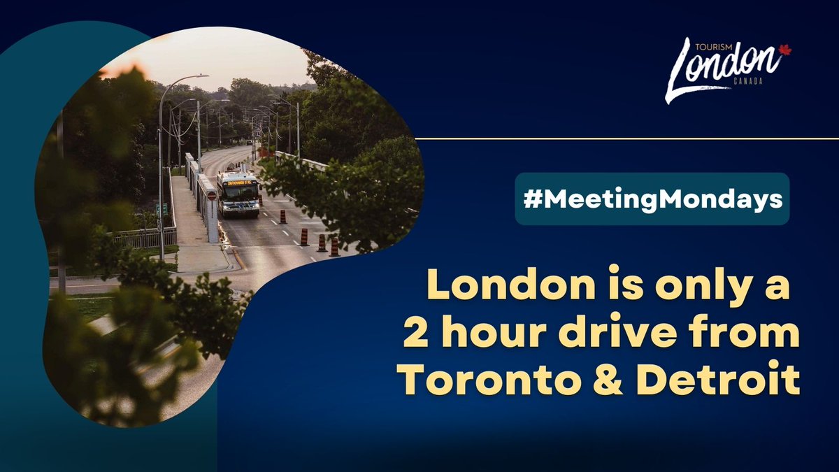 tourism_london's tweet photo. It’s #MeetingMonday!
Reason 5 to #MeetInLondon: It’s Easy To Get Here

London is easy to access. Just a 2 hour drive from both Toronto and Detroit and with direct highway access, London is at the heart of access to potentially 6 million Canadians. https://t.co/YrHDuARaYf
