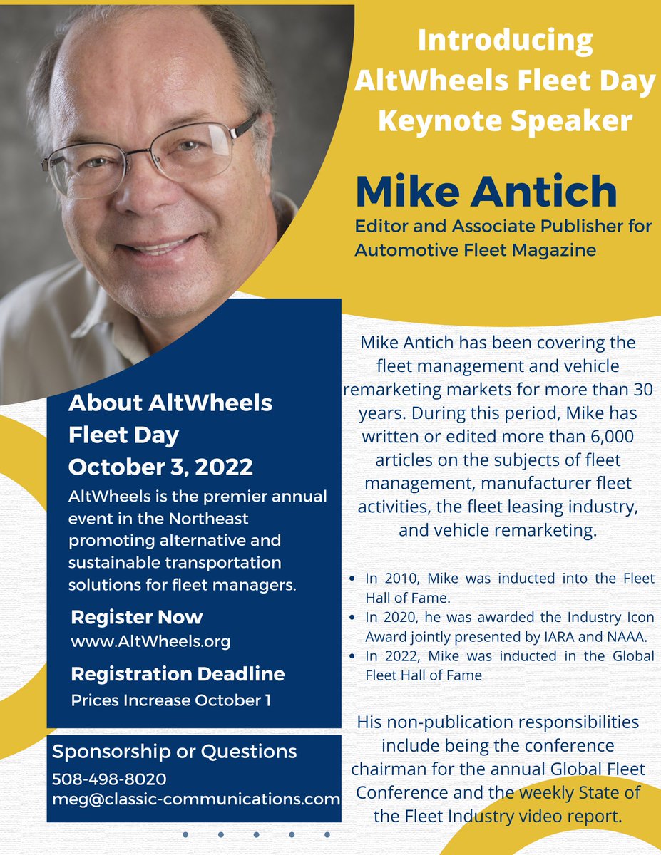 AltWheelsOrg's tweet photo. AltWheels Fleet Day announces this year's keynote speaker - Mike Antich, Editor and Associate Publisher of Automotive Fleet Magazine. Register here https://t.co/2mYrIH7YUm

#automotive #fleetmanagement #fleet #fleetsolutions #ev #electriccar #propane #altfuels #sustainability https://t.co/4NZARHAhzi