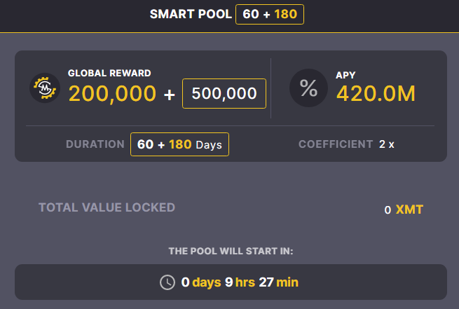 DenariaHub's tweet photo. A new SmartPool has just been launched on BNBChain!🤩
Duration: 60 + 180 days!⚡️
Starting in a few hours! 🚀
Connect your wallet to BNBChain and jump in with $XMT ! 🙌
https://t.co/EDBpr4uVd7 👀 https://t.co/55SFtPNcPg
