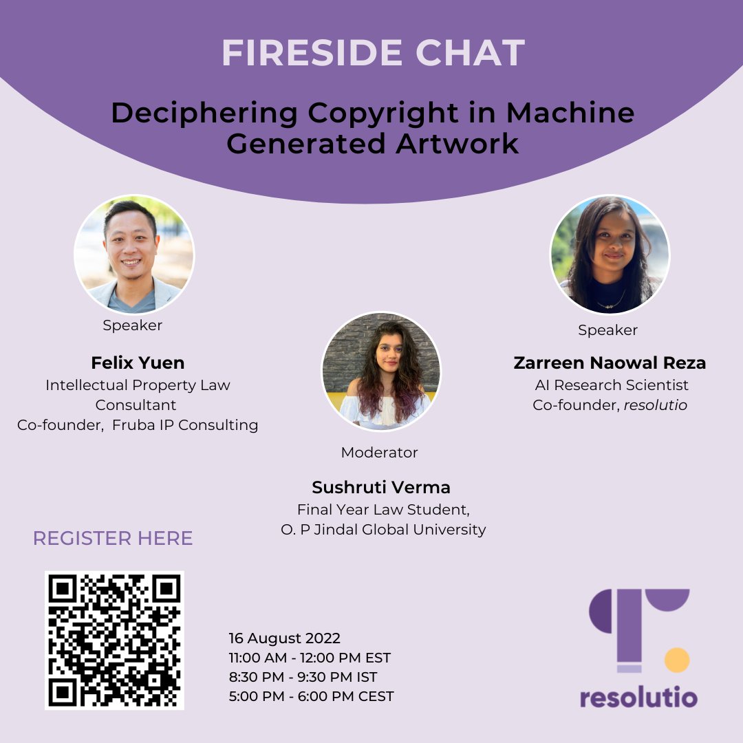 DAY 1 of Generative Art,#NFTs &amp;#IP Summit

Have you made art using Blockart/MidJourney? Wondered if you have the right to use that art?

Join our speakers <a href="/ZarreenNReza/">Zarreen Reza</a> &amp; @Felix_Fruba, &amp; mod Sushruti, as they discuss copyright in generative art.
us06web.zoom.us/meeting/regist…
#ai #resed
