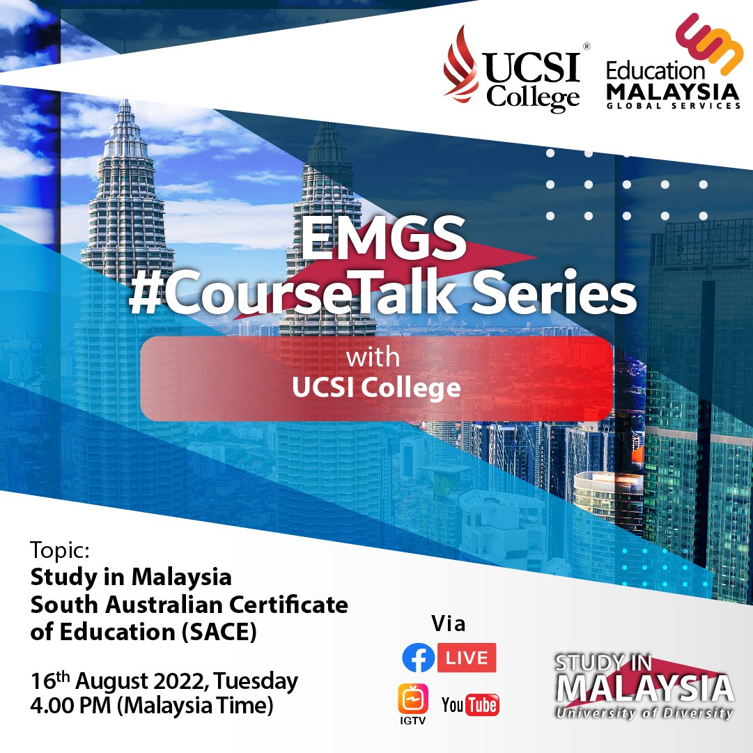 EducationMYSIA's tweet photo. #StudyinMalaysia π²πΎ
Catch our next session of EMGS #CourseTalk series π£ β an exclusive Facebook live session with our Marketing team featuring a special guest from UCSI College!
Join us on this exclusive chat to talk about South Australian Certificate of Education (SACE) and https://t.co/N1evqlF0JF
