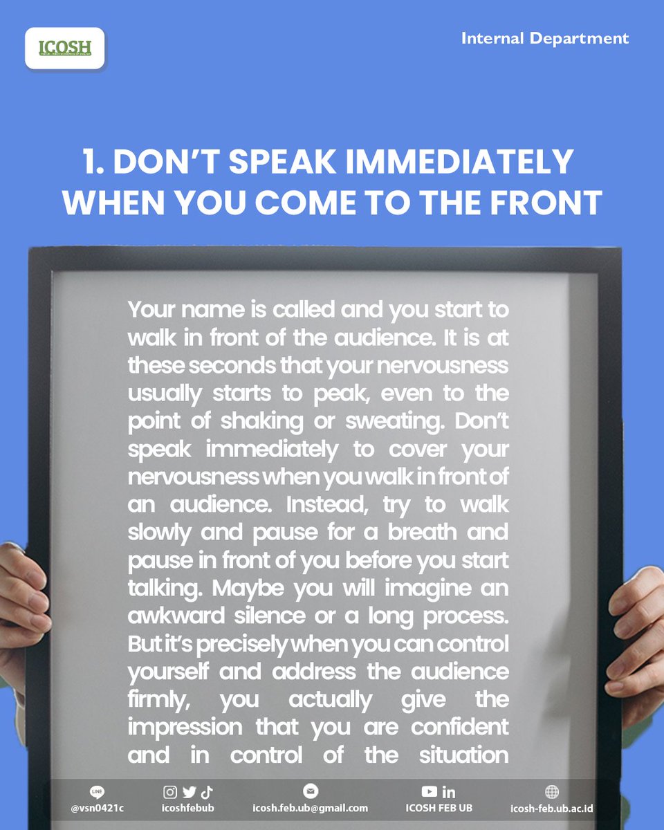 ICOSHFEBUB's tweet photo. [3 TIPS TO GIVE A GREAT SPEECH]

Hello, #ICOSHFAMS👋 

In order to make our speech becomes interesting, there are some tips that can we do so that the audience can be interested. https://t.co/Gi7dbWpFot