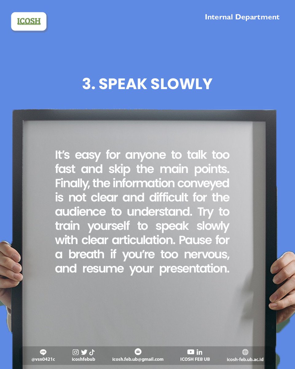 ICOSHFEBUB's tweet photo. [3 TIPS TO GIVE A GREAT SPEECH]

Hello, #ICOSHFAMS👋 

In order to make our speech becomes interesting, there are some tips that can we do so that the audience can be interested. https://t.co/Gi7dbWpFot