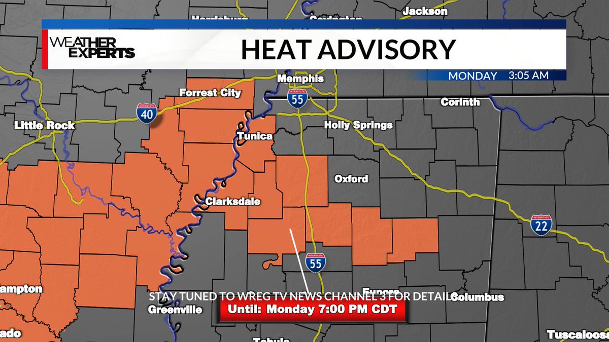 A Heat Advisory has been issued for some counties in the News Channel 3 viewing area until Aug 15 7:00PM CDT.  Stay tuned into WREG TV for the latest weather information. #HEATADVISORY