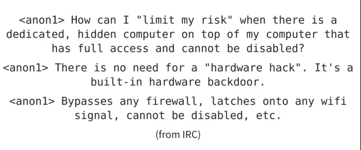 ChavoGnuGrowers's tweet photo. Aún no sabes todo lo que puede hacer el Intel M.E? Básicamente tiene acceso a todo y a todos los niveles. 

¿Eres consciente de esto?
#DisableTheIME #Coreboot #Corebootit #Flashit #Killtheime https://t.co/gShpUUszWi