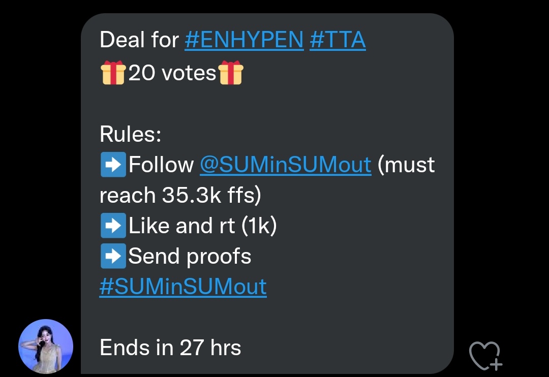 hideazi's tweet photo. Deal for #ENHYPEN #TTA 
🎁20 votes🎁

Rules:
➡️Follow @SUMinSUMout (must reach 35.3k ffs)
➡️ 1k Like and rt
➡️ drop proofs 
#SUMinSUMout 

Ends in 27 hrs
#ENFuelUp https://t.co/Bux9BoTI6n