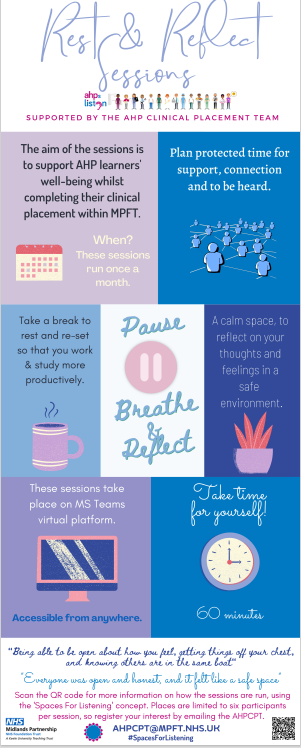 AHPplacements's tweet image. Dietetic apprentice @NinaCarnall recently completed a leadership placement with the team and kindly created this poster to promote our #Restandreflect, #spacesforlistening sessions to help with  mental wellbeing whilst on placement.
