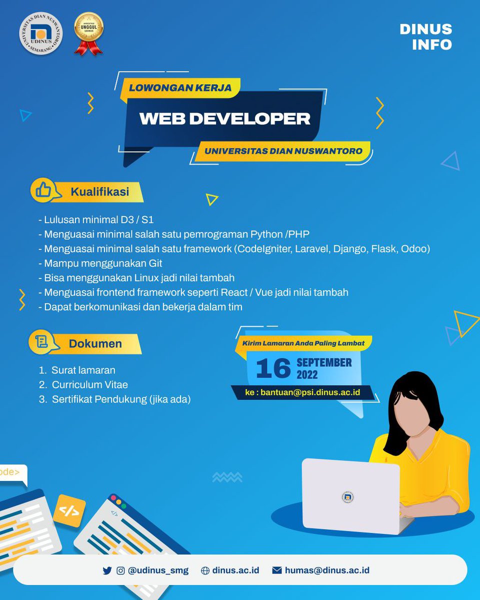 Halo, yuk yang kemarin nanyain info lowongan kerja di Udinus. 

Ini saatnya! Ayo kirimkan lamaranmu ke email yang tertera ya ☺

Jangan lupa like and share 😉