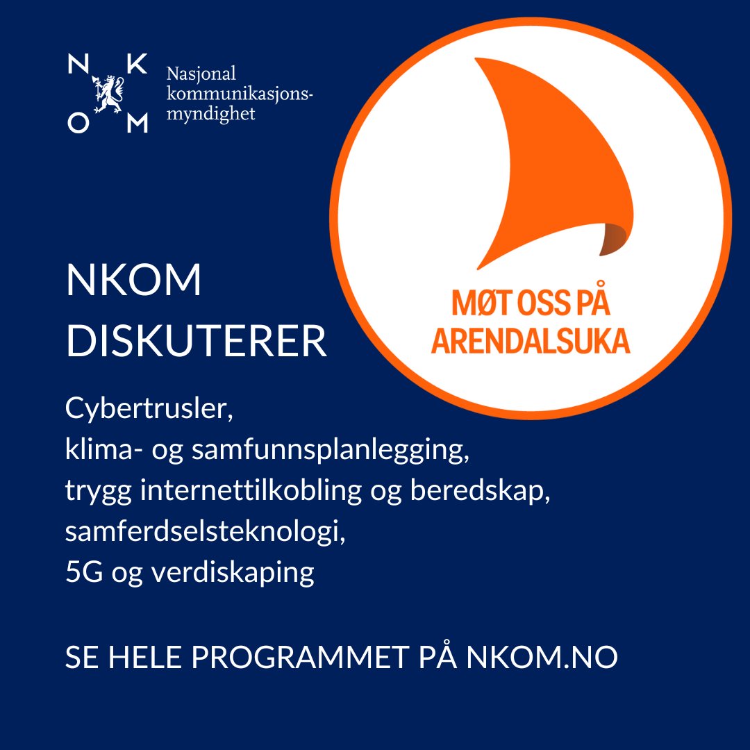 nkom_'s tweet photo. Vi gleder oss til å delta i viktige samfunnsdebatter og til å møte publikum på stand på Arendalsuka! Kanskje vi ses? https://t.co/VR6Geu6XIS https://t.co/F05mFEYZnh